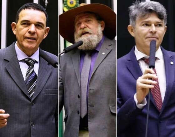 Os deputados federais Juarez Costa (MDB); Nelson Barbudo e José Medeiros ambos no PL - da esquerda à direita.