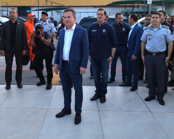 O governador Mauro Mendes (União Brasil) na cerimônia de inauguração da nova sede da Secretaria de Estado de Segurança Pública. 