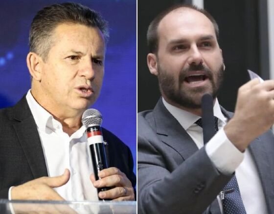 O governador Mauro Mendes e o deputado federal Eduardo Bolsonaro (PL-SP).