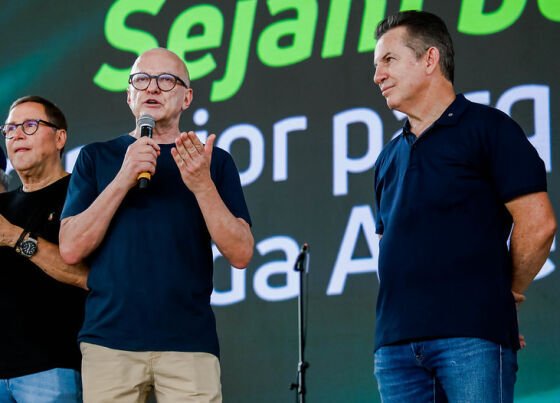 O vice-governador Otaviano Pivetta (Republicanos), à esquerda, e o governador Mauro Mendes (União Brasil), à direita. 