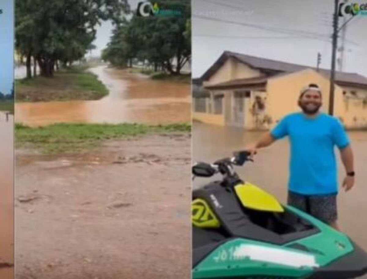 Homem usa moto aquática em rua alagada de Cáceres e vídeo viraliza ...