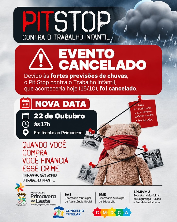 Evento contra trabalho infantil é cancelado por chuvas em Primavera do Leste, MT